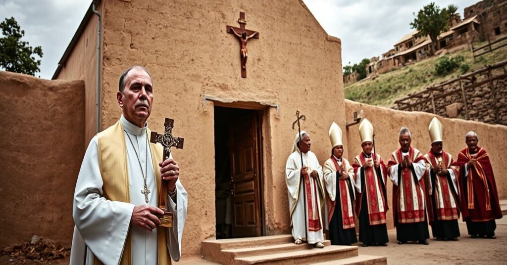 Prawdziwy katolicki ksiądz stojący przed prostą kościółkiem w Peru w tradycyjnym stroju, trzymający krzyż, podczas gdy w tle nowocześni "biskupi" uczestniczą w rytuałach synkretycznych. Scena kontrastuje z czystością katolickiej wiary z nowoczesnym apostazją.