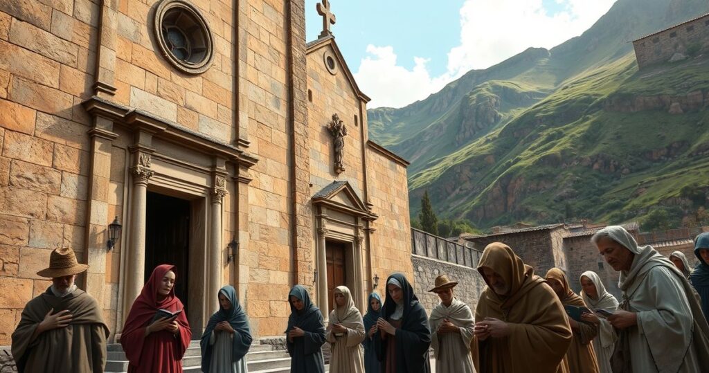 Realistyczny obraz pielgrzymów w Peru przy tradycyjnej świątyni, ukazujący głęboką religijność i powagę, odzwierciedlający krytykę nowoczesnych praktyk kultu i modernistycznego synkretyzmu.