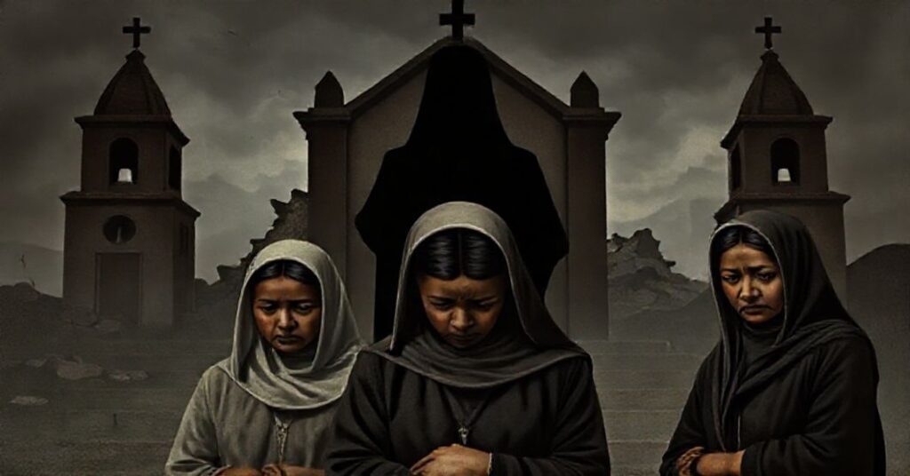 Obraz przedstawiający Ana Maríę Quispe Díaz i jej siostry w pełni katolickim kościele w Peru, ukazujący ich ból i zdrada.