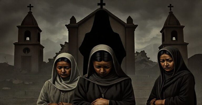 Obraz przedstawiający Ana Maríę Quispe Díaz i jej siostry w pełni katolickim kościele w Peru, ukazujący ich ból i zdrada.