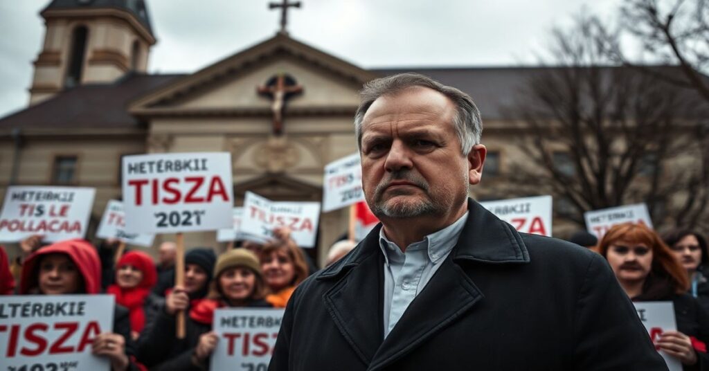 Portret Petera Magyara przed siedzibą medialną z protestującymi na tle