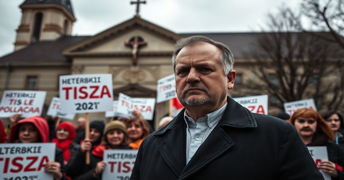 Portret Petera Magyara przed siedzibą medialną z protestującymi na tle