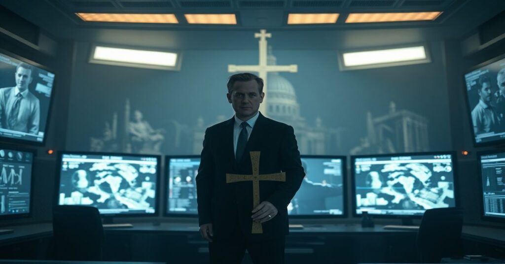 Peter Thiel w centrum sterowania Palantir z monitorami wywiadowczymi na tle ruin Watykanu - symbolizuje wzrost technokratycznego totalitaryzmu.
