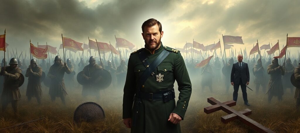 Portret Pete'a Hegsetha na tle średniowiecznego pola bitwy, symbolizujący brutalny etos wojownika i zapomniane chrześcijańskie wartości sprawiedliwości i miłosierdzia.