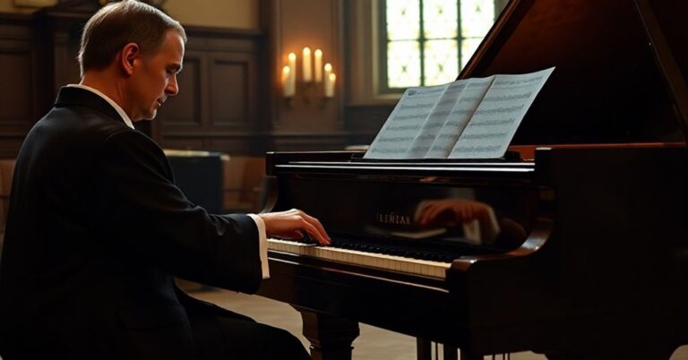 Ręce pianisty wykonująca mazurki Chopina w kaplicy z bogatym oświetleniem świec.