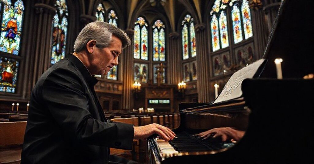 Pianista grający na organach w tradycyjnym kościele katolickim z pełnym zaangażowaniem duchowym