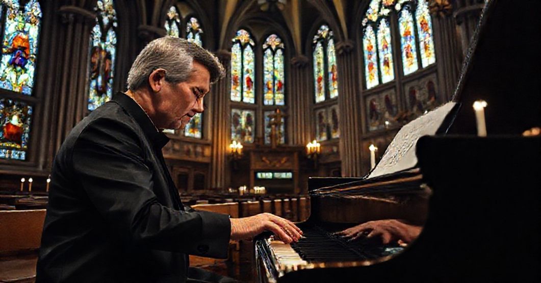 Pianista grający na organach w tradycyjnym kościele katolickim z pełnym zaangażowaniem duchowym