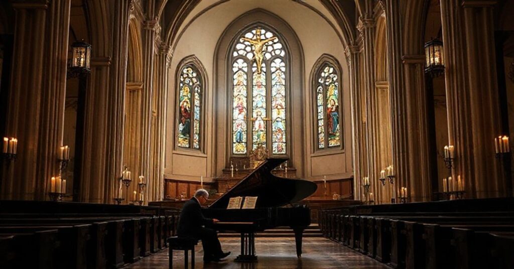 Pianista gra w tradycyjnym kościele katolickim przy szczerym świetle odwzorowującem duchowość. Wokół tradycyjne symbole wiary.