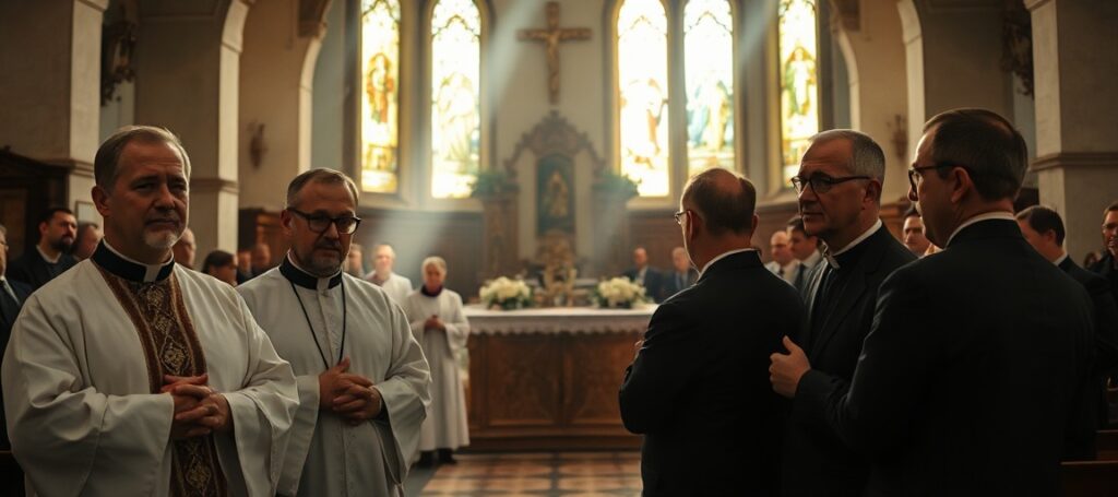 Pięciu kapłanów w tradycyjnym kościele katolickim w Łodzi modli się przed ołtarzem