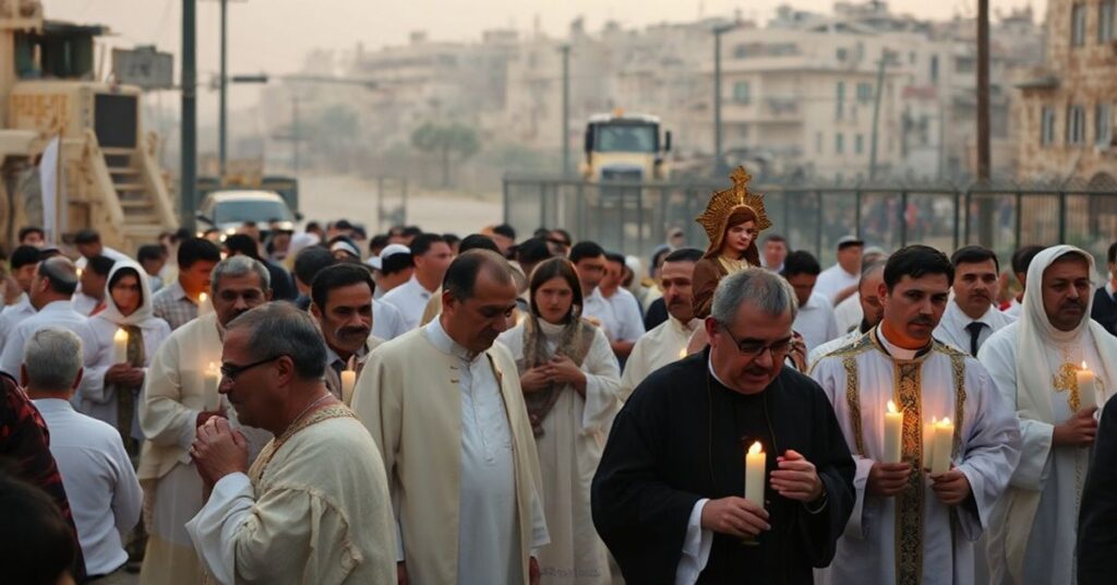 Pielgrzymka katolicka w Betlejem pod חזית okupacji izraelskiej, z wiernymi niosącymi figury Świętej Rodziny w pobliżu Pól Pasterskich. Widoczne są siły okupacyjne i nabożeństwo w obliczu prześladowania.