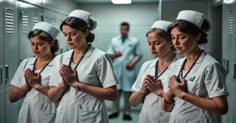 Czterech pielęgniarek modlących się w szpitalnej szatni podczas kryzysu ideologicznego
