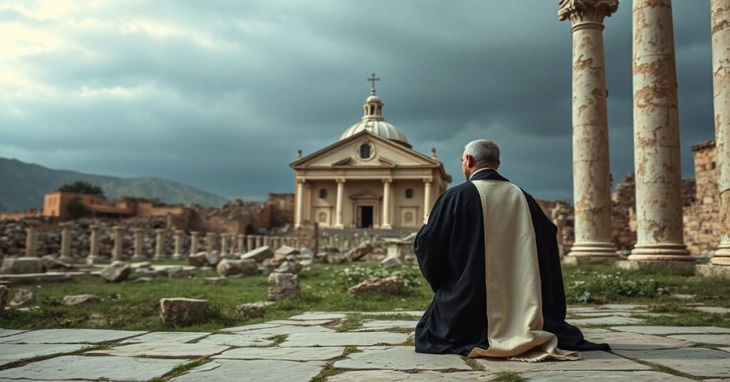 Pielgrzym katolicki w tradycyjnym stroju modli się przed starożytnymi ruinami Hippony w Annabie. Widok symbolizuje utratę prawdziwej wiary katolickiej w erze posoborowej.