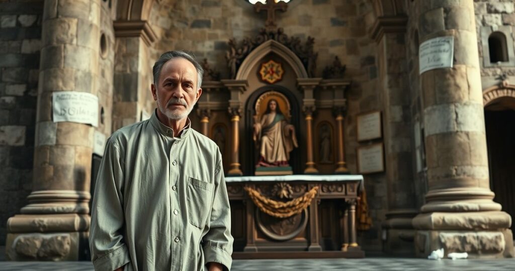 Fotografia realistyczna pątnika katolickiego przed historycznym kościołem, ukazująca powagę i głębię duchową, symbolizująca autentyczną wiarę i troskę o prawdziwe wartości katolickie