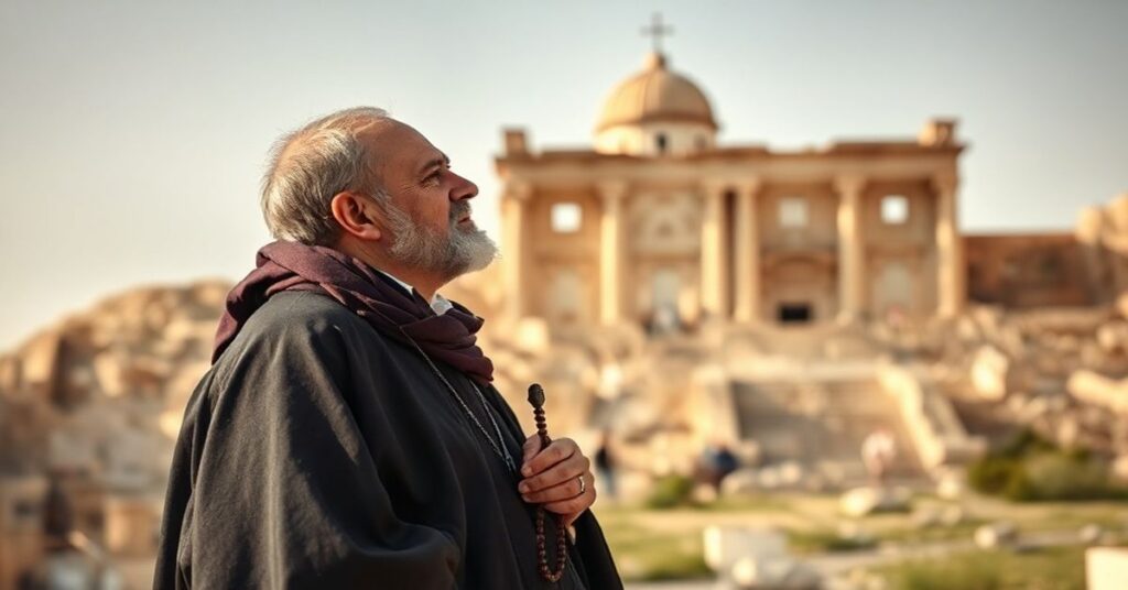 Pielgrzym katolicki przy ruinach w Jordanii, trzymając różaniec z kontemplacyjny wzrok skierowany ku niebu