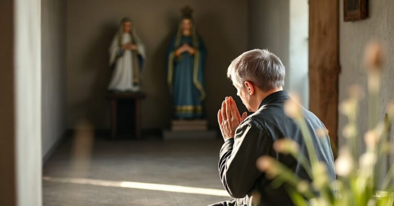 Tradycyjny katolicki pielgrzym modli się przed prostym wizerunkiem Matki Bożej w spokojnej kaplicy na wsi