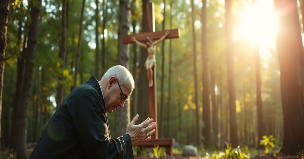 Pielgrzym modlący się przed krzyżem podczas Ekstremalnej Drogi Krzyżowej w diecezji zielonogórsko-gorzowskiej