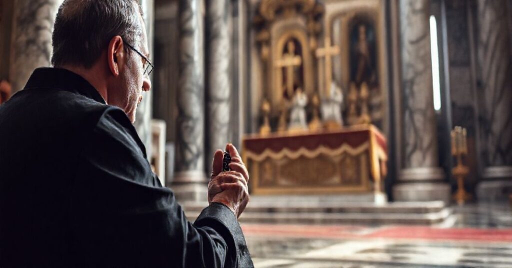 Pielgrzym modli się przed tradycyjnym ołtarzem w Bazylice św. Piotra