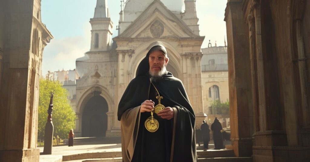 Pielgrzym stojący przed kaplicą przy Rue du Bac w Paryżu, trzymający Medalik Cudowny, w naturalnym świetle. Scena jest poważna i refleksyjna, oddająca teologiczne spory na temat objawień prywatnych.