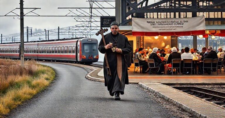 Pielgrzym katolicki w tradycyjnym stroju idący samotnie ścieżką, w tle nowoczesna stacja kolejowa z grupą ekumeniczną w kawiarni pod patronatem EWTN. Scena symbolizuje kontrast między prawdziwą pielgrzymką a synkretyzmem.