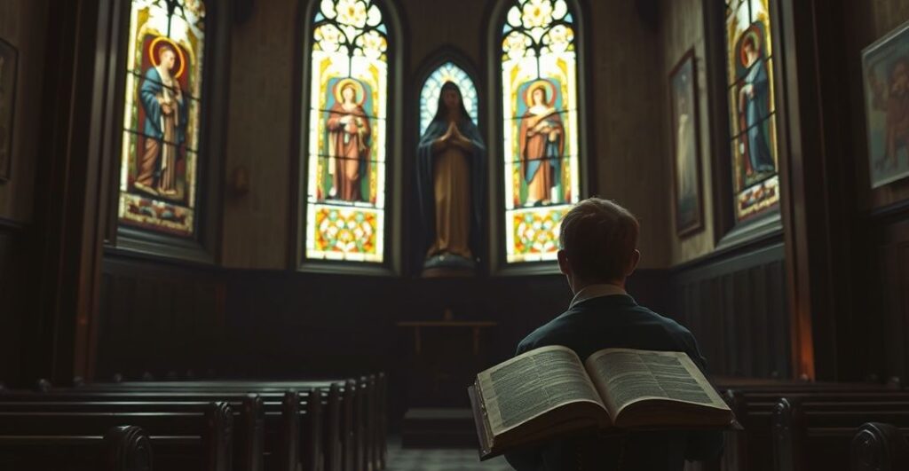 Ciemna, tradycyjna wnętrze kościoła z pielgrzymem modlącego się przed statuą Matki Bożej, oświetloną przez witraże z postaciami świętych. Scena symbolizuje autentyczną pobożność i smutek za modernistycznymi zniekształceniami w Kościele.