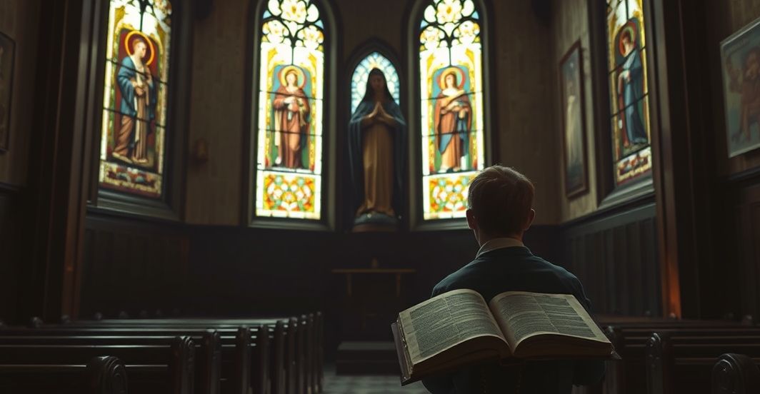 Ciemna, tradycyjna wnętrze kościoła z pielgrzymem modlącego się przed statuą Matki Bożej, oświetloną przez witraże z postaciami świętych. Scena symbolizuje autentyczną pobożność i smutek za modernistycznymi zniekształceniami w Kościele.