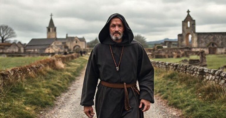 Pielgrzym w tradycyjnej katolickiej stroju idący szlakiem Via Francigena z Londynu do Canterbury, symbolizującym autentyczną katolicką pielgrzymkę.