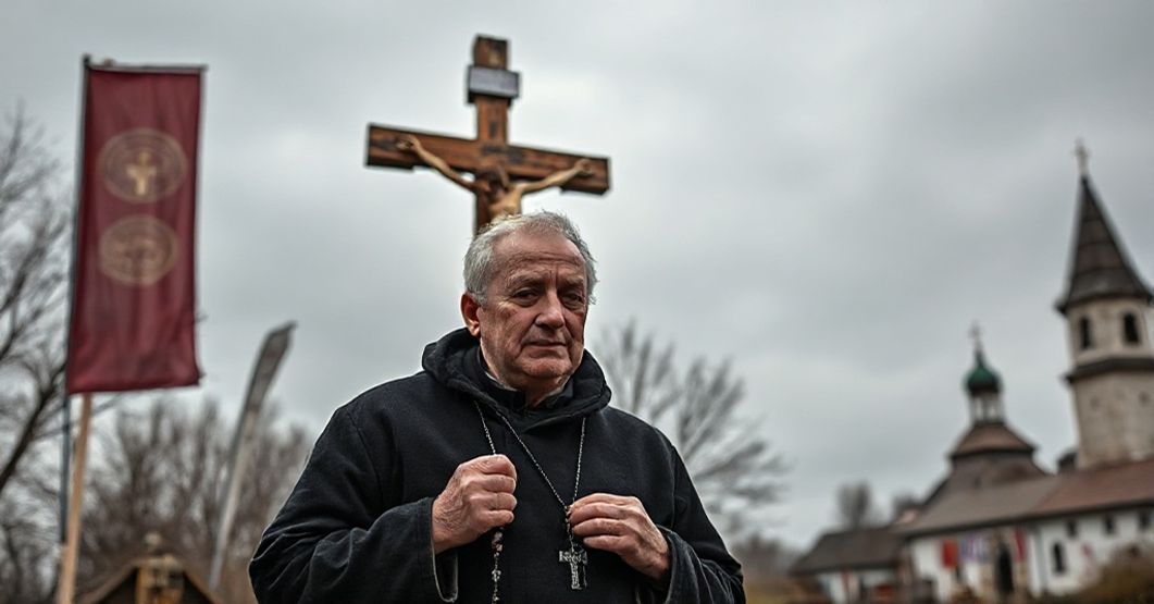 Pielgrzym katolicki stojący przed drewnianym krzyżem w zawiedzionym sanktuarium Wejherowskiej Kalwarii.