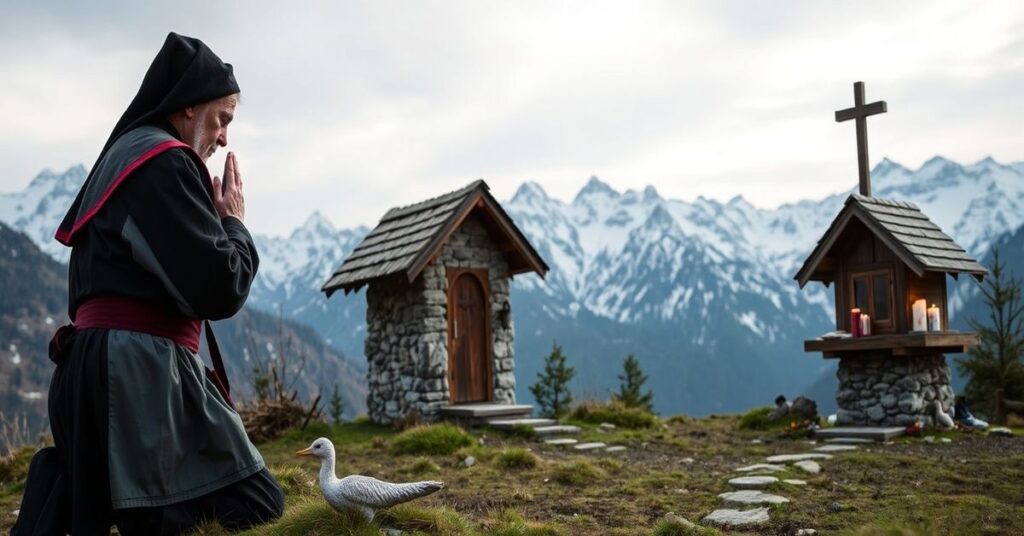 Pielgrzym modli się u krzyża w górach Bieszczadzkich, symbolizując tradycyjną katolicką drogę pokuty w kontrastie z nowoczesną turystyką.