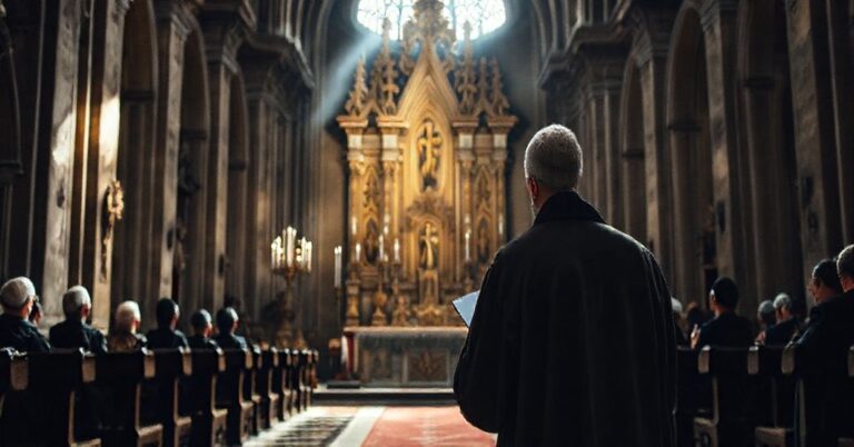 Pielgrzym modli się w tradycyjnym sanktuarium w Kalwarii Zebrzydowskiej, otoczony barokową architekturą, z głębokim czulem religijnym i pobożnością.