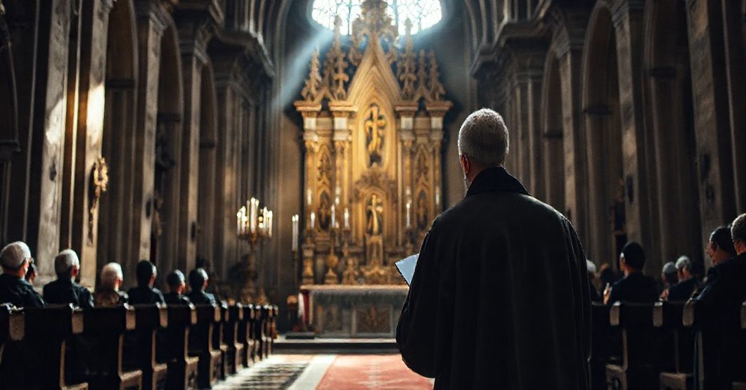 Pielgrzym modli się w tradycyjnym sanktuarium w Kalwarii Zebrzydowskiej, otoczony barokową architekturą, z głębokim czulem religijnym i pobożnością.