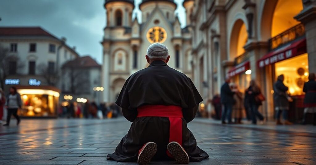Pielgrzym katolicki w tradycyjnej odzieży klęczący w modlitwie przed historycznym kościołem w Polsce, z elementami nowoczesnej turystyki w tle