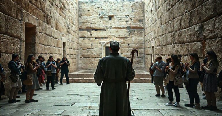 Pielgrzym w Ziemi Świętej stoi przed pustym grobem Chrystusa w Jerozolimie.