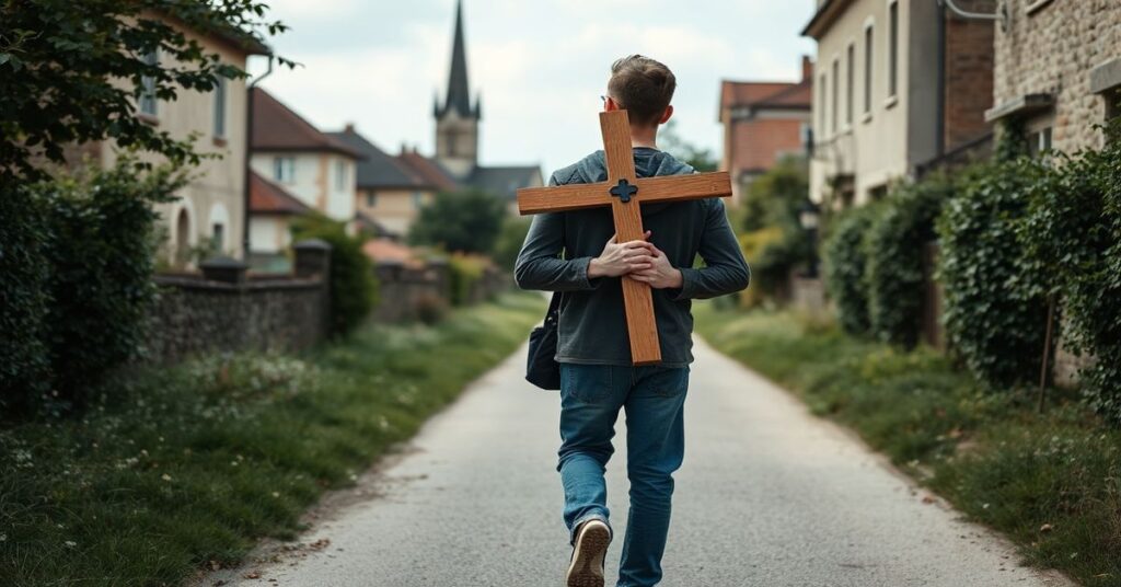 Młody mężczyzna w tradycyjnym habitie pielgrzyma trzyma krzyż podczas pielgrzymki po europejskiej ścieżce.
