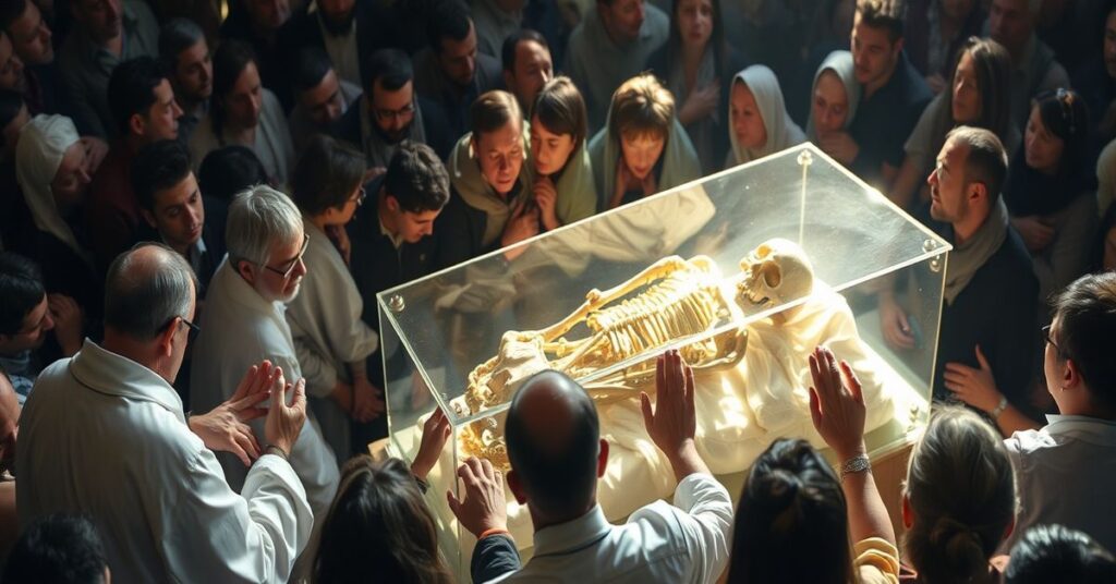 Zgromadzenie pielgrzymów w Asyżu przed przezroczystym sarkofagiem z kośćmi św. Franciszka.