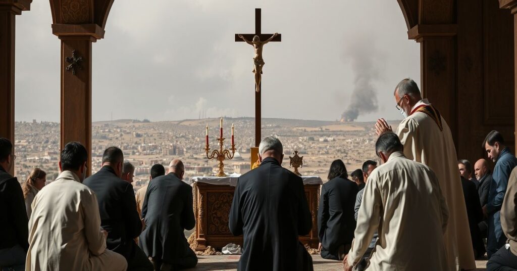 Obraz przedstawiający pielgrzymów katolickich uwięzionych w Izraelu podczas konfliktu, modlących się przed tradycyjnym ołtarzem z krzyżem.