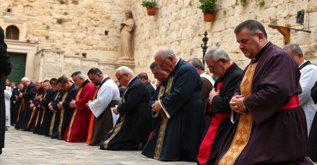 Pielgrzymi katolickie w tradycyjnych szatach modlący się przy pustości w Jerozolimie, w atmosferze powagi i wierności