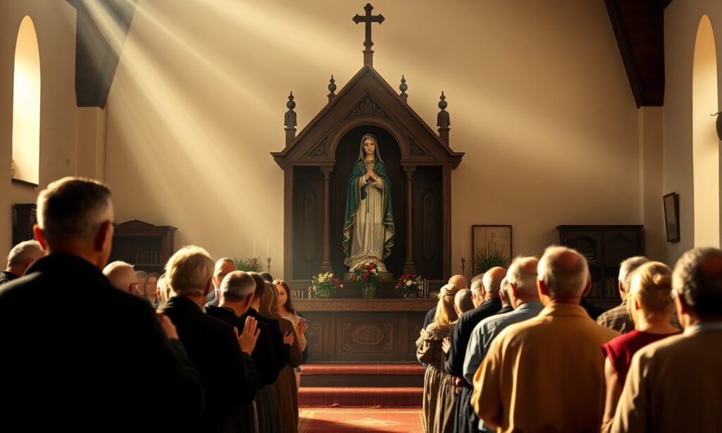 Pielgrzymi modlący się przed statuą Matki Bożej w Gietrzwałdzie, tradycyjny kościół katolicki na tle.