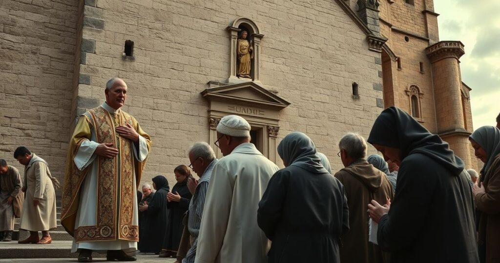 Realistyczne, pełne szacunku zdjęcie katolickich pielgrzymów modlących się na Monte Sant'Onofrio przy sanktuarium, ukazujące duchową skupienie i tradycyjne elementy wiary katolickiej.