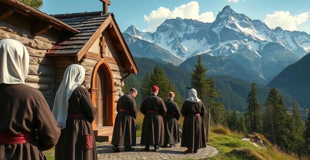 Rekolekcja katolicka w górach Tatry, pielgrzymi w modlitewnej atmosferze przy kaplicy, duchowa kontemplacja