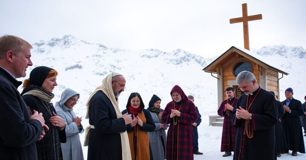 Pielgrzymi katolickie modlący się w kaplicy górskiej na tle Tatr pokrytych śniegiem