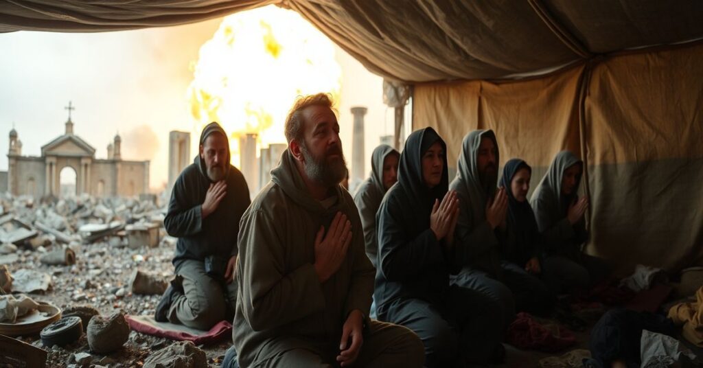 Grupa pielgrzymów płaczu w schronie podczas wojny w Ziemi Świętej.