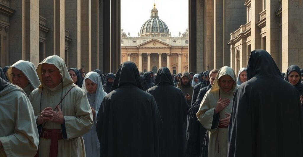 Pielgrzymi modlący się przed Bazyliką św. Piotra podczas autentycznego katolickiego wydarzenia, wyrażający pokorę i wiarę w Chrystusa Króla