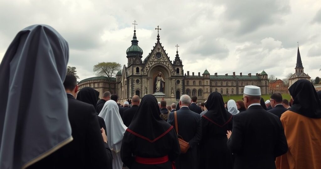 Rewerentny obraz pielgrzymów modlących się przed Matką Boską na Jasnej Górze, w tradycyjnych strojach, spokojna atmosfera, wyraz wiary i duchowości