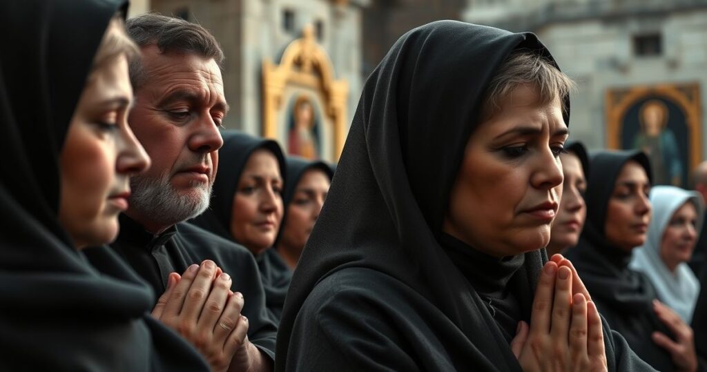 Fotografia realistycznych pielgrzymów katolickich na Jasnej Górze, modlących się przed Czarną Madonną w duchu pokory i szacunku do Chrystusa Króla.