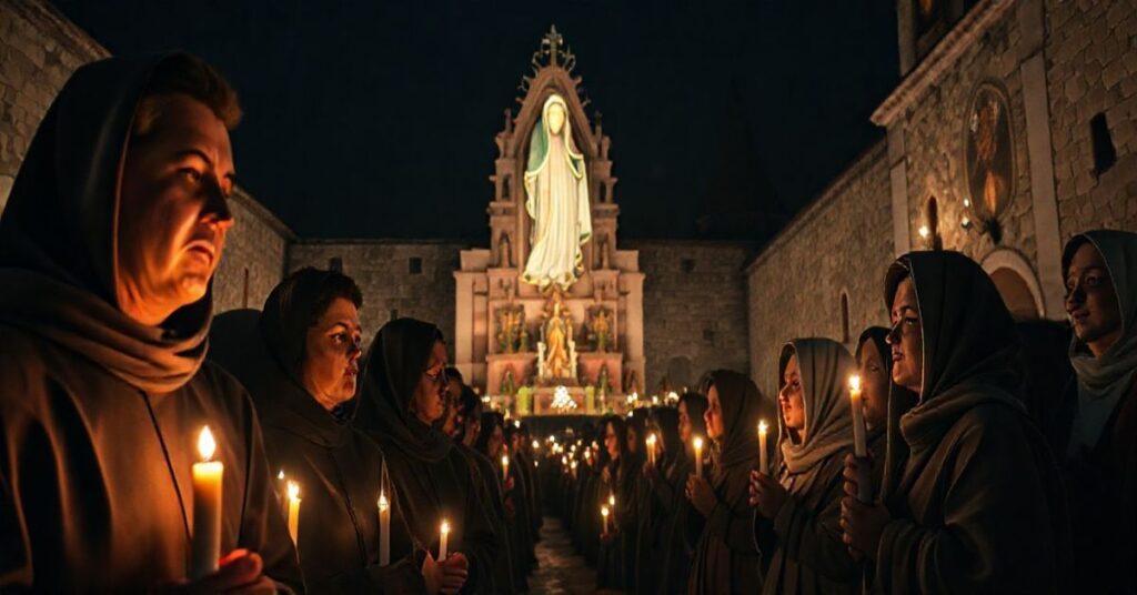 Fotografia realistycznych katolickich pielgrzymów modlących się przy obrazie Matki Bożej Jasnogórskiej podczas nocnej czuwania, symbolizująca prawdziwą wierną pobożność