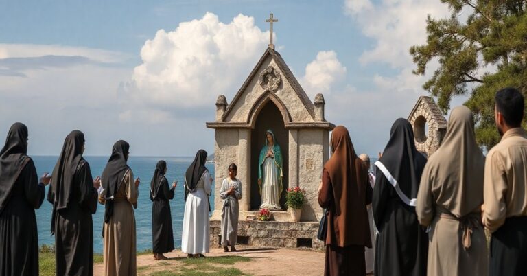 Pielgrzymi modlący się przed skromnym obrazem Virgen del Valle na wyspie Margarita, oddający powagę i duchową głębię katolickiego pątnictwa