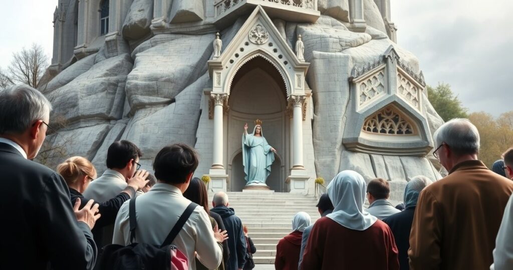 Pielgrzymi modlący się w wiernym skupieniu przy Lourdes, oddając cześć miejscu Objawień, z podkreśleniem religijnej pobożności i szacunku dla sanktuarium