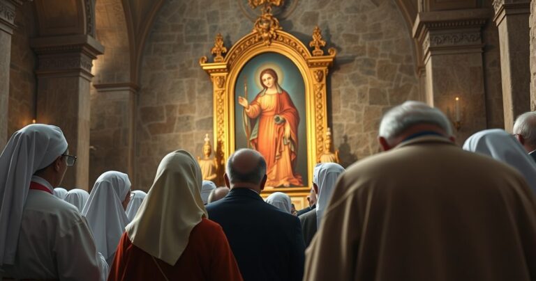 Realistyczne zdjęcie pielgrzymów na Jasnej Górze modlących się przed cudownym obrazem, ukazujące głęboką wiarę, pokorę i tradycyjne katolickie nabożeństwo w naturalnym świetle.