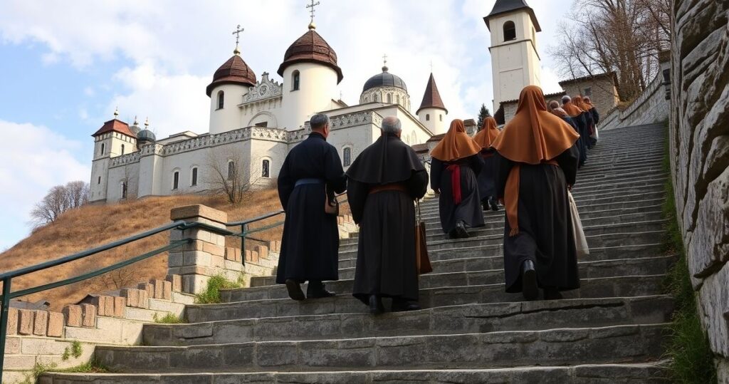 Rewersyjne, realistyczne zdjęcie pielgrzymów na Jasnej Górze, oddające duchową pobożność i tradycyjną katolicką atmosferę.