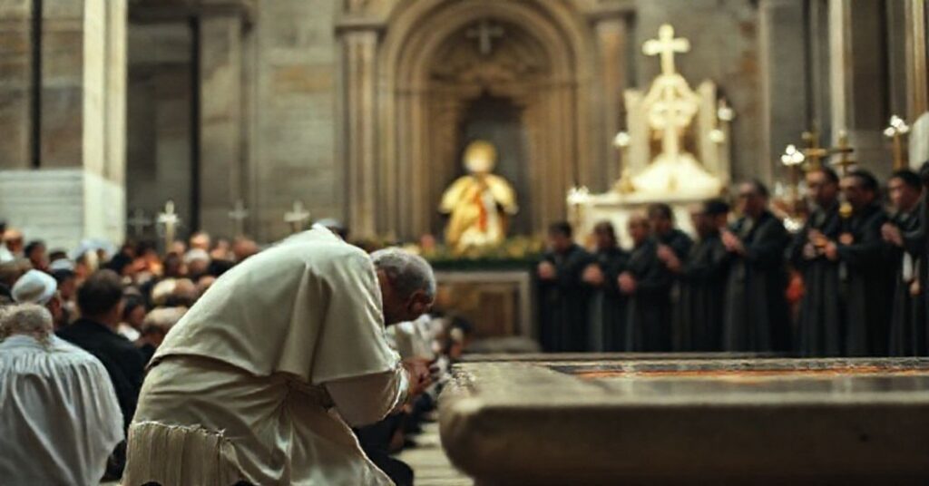 Pielgrzym modlący się przy grobie św. Franciszka w Asyżu w tradycyjnym katolickim klimacie